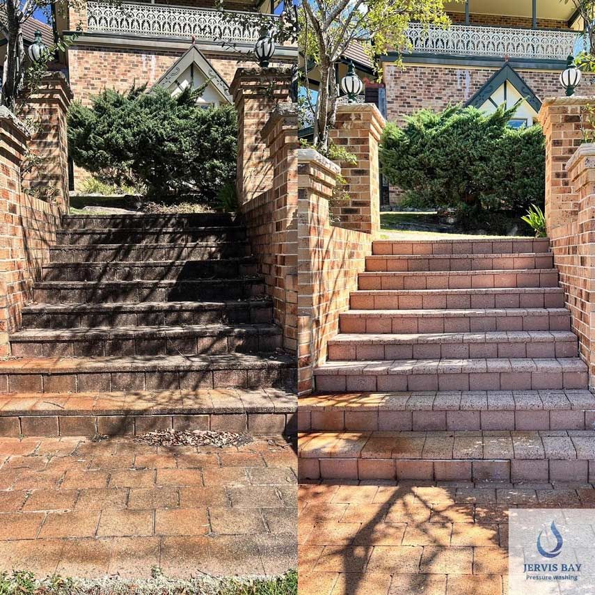 A Before And After Photo The Brick Stairs Cleaning — Jervis Bay Pressure Washing & Property Maintenance in Culburra, NSW