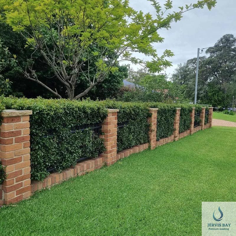 A Brick Fence Surrounds A Lush Green Yard — Jervis Bay Pressure Washing & Property Maintenance In Berry, NSW