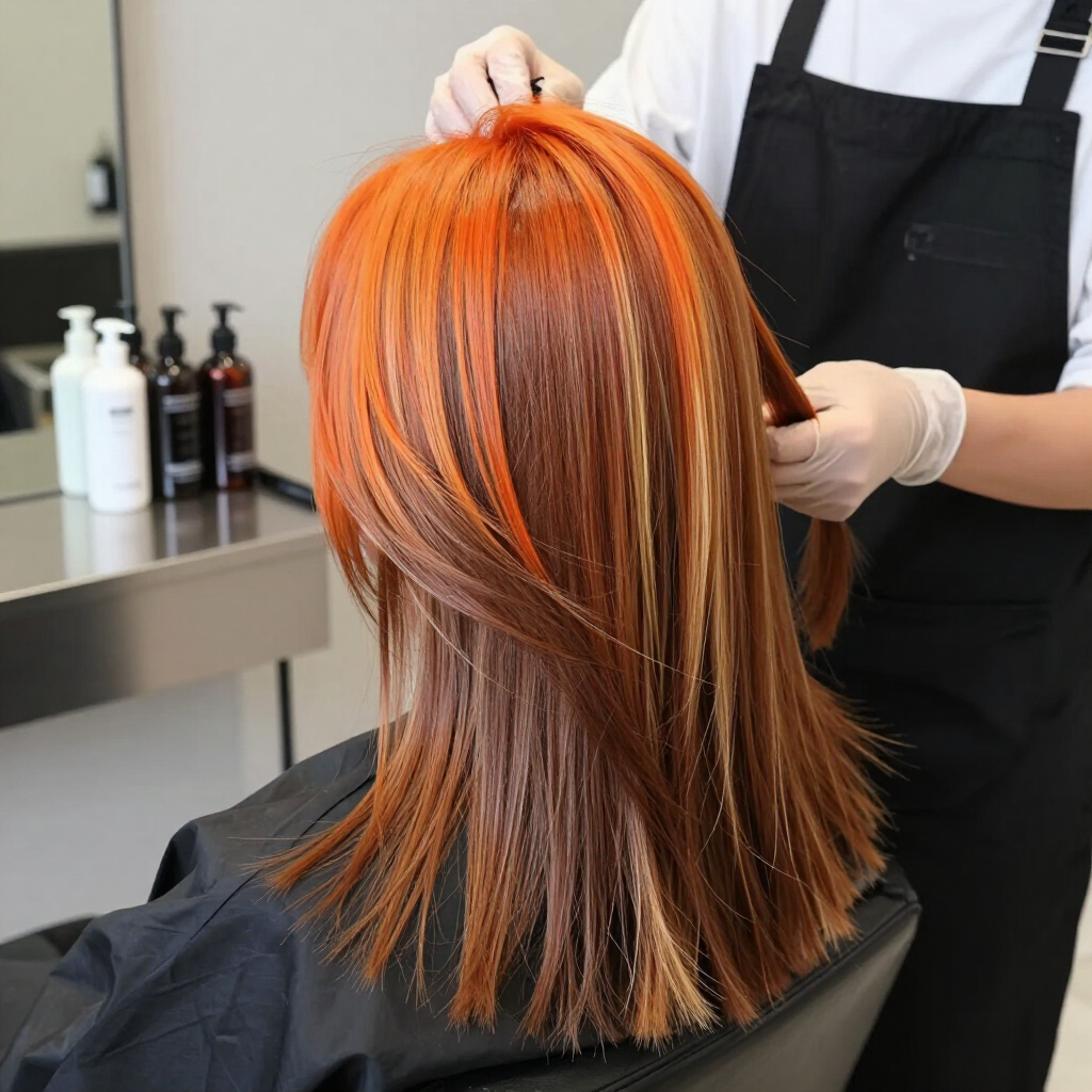 Hairdresser styling bright orange hair in a salon chair