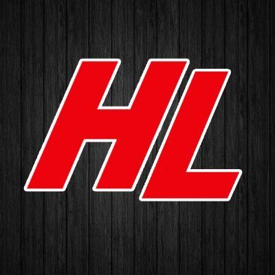 Red “HL” letters with a white outline on a dark wood-textured background