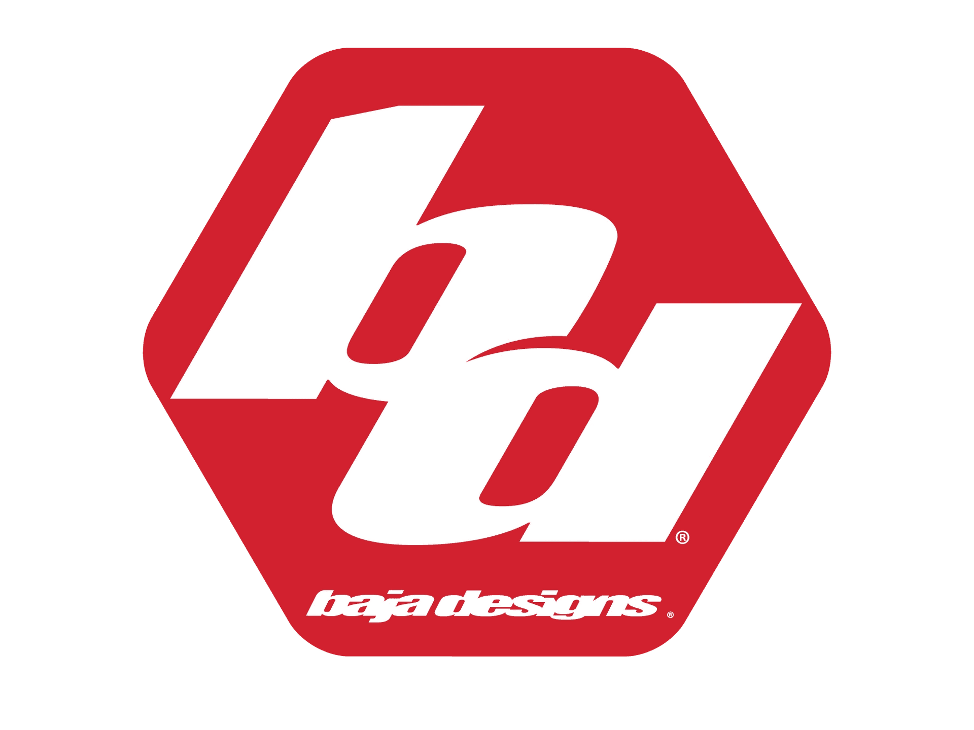 Red hexagon logo with white stylized “ba” letters and small “baja designs” text at the bottom.