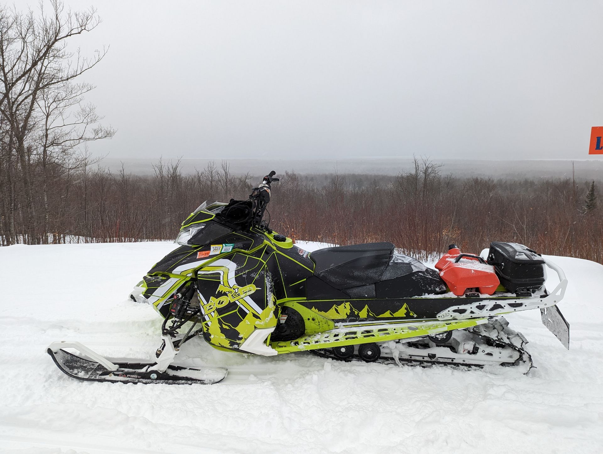 Snowmobile parked on a snowy trail beside bare trees under an overcast sky.
