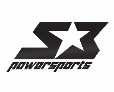 Black and white Powersports logo with stylized stars and italic text