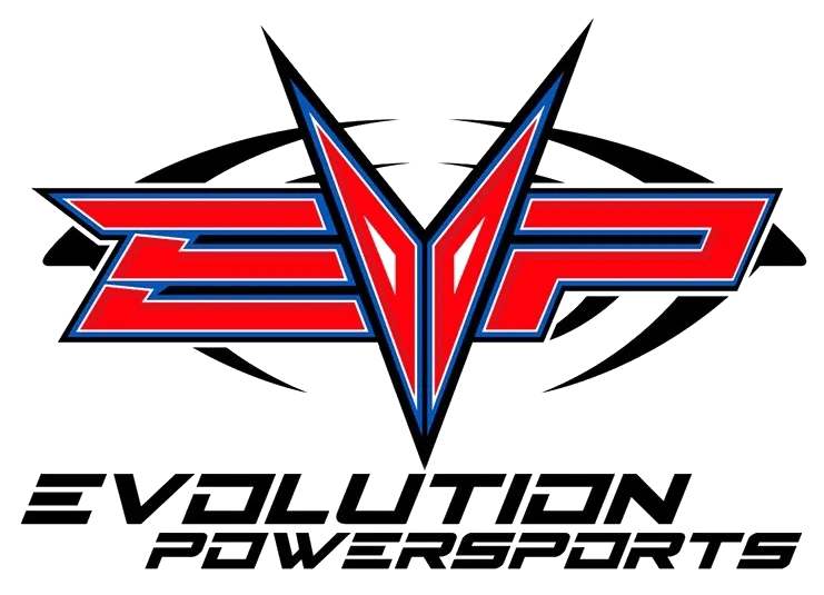 Red, blue, and black Evolution Powersports logo with stylized wings and bold text