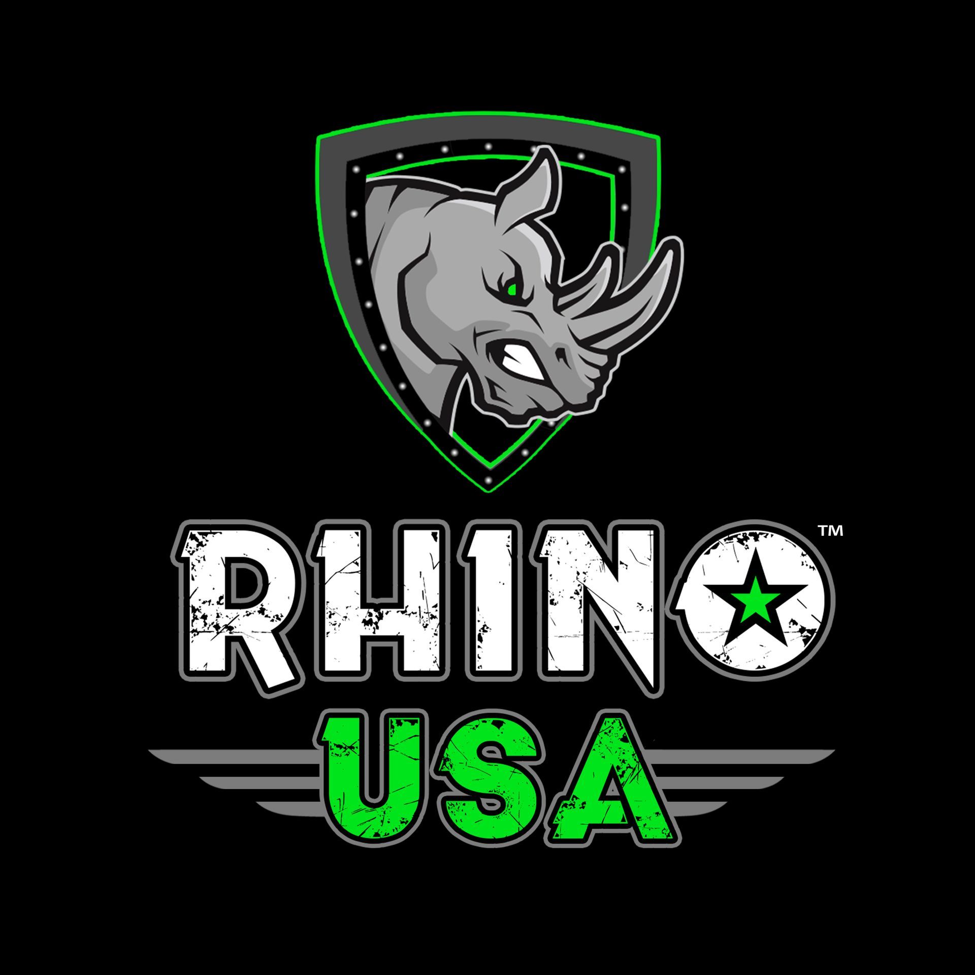 Rhino USA logo with gray rhino head, green accents, and bold white-and-green text on black background