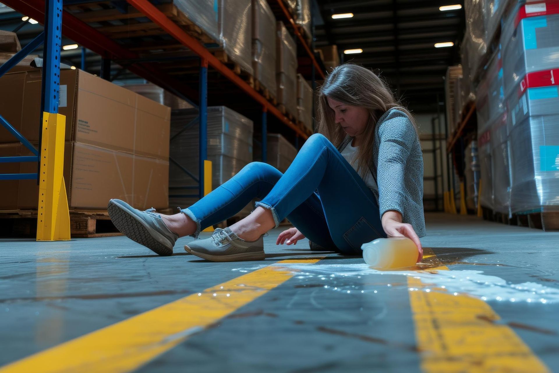 Woman sitting on a warehouse floor between yellow lines, holding her injured ankle near stacked boxes