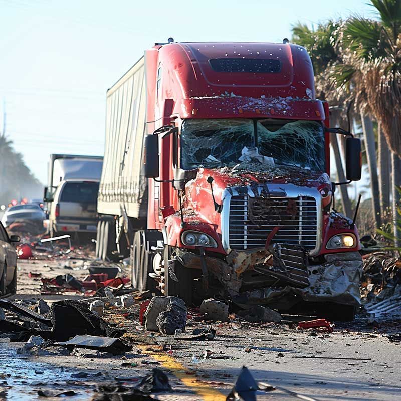 Red semi-truck with a shattered windshield in a crash debris-strewn street