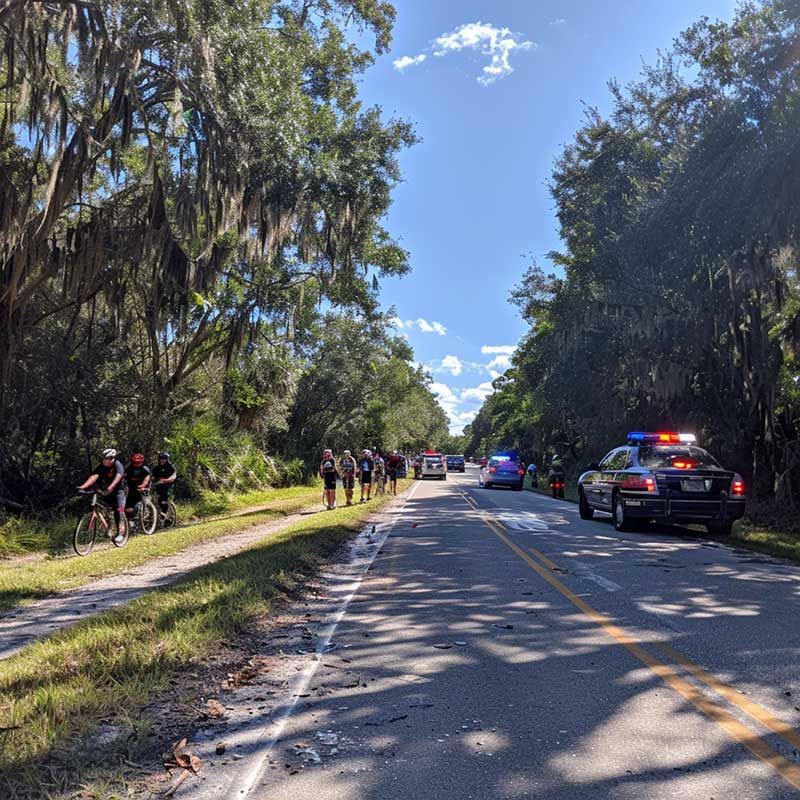 Police cars and cyclists on a tree-lined road with emergency lights flashing.