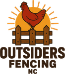 Red rooster on wooden fence with sunburst above, Outsiders Fencing NC logo.