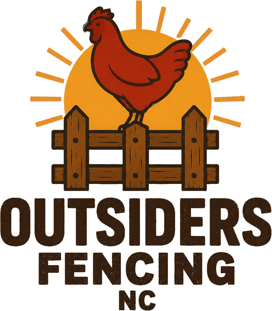 Red rooster on wooden fence with sunburst above, Outsiders Fencing NC logo.