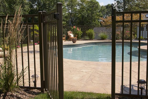 Backyard pool seen through a black metal fence, with patio and greenery in sunlight