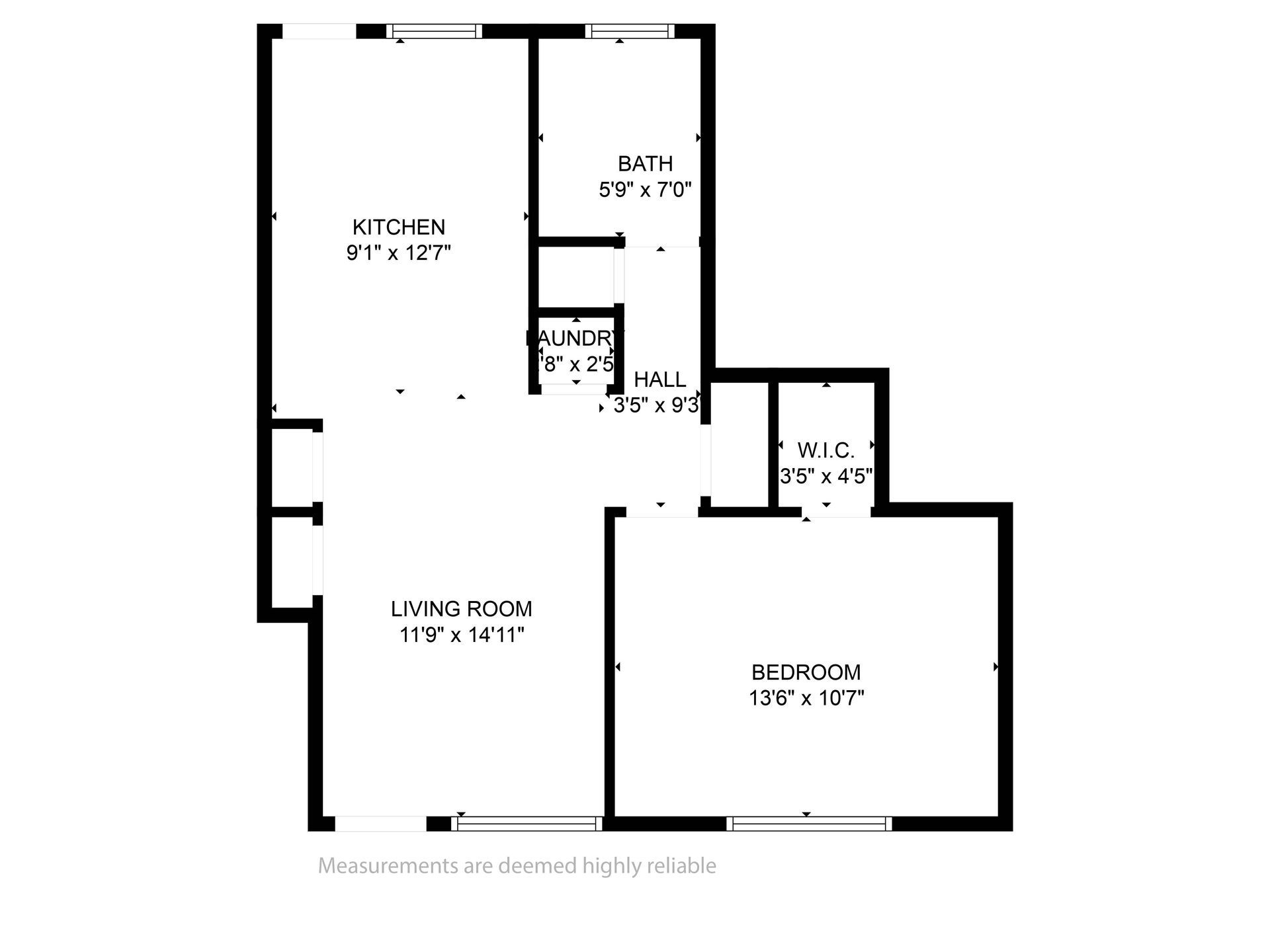 Black-and-white floor plan showing kitchen, dining room, bathroom, living room, and bedroom.