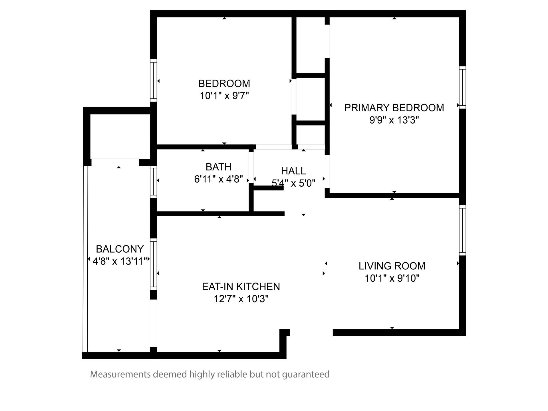 Apartment floor plan with balcony, kitchen, bath, hall, living room, and two bedrooms