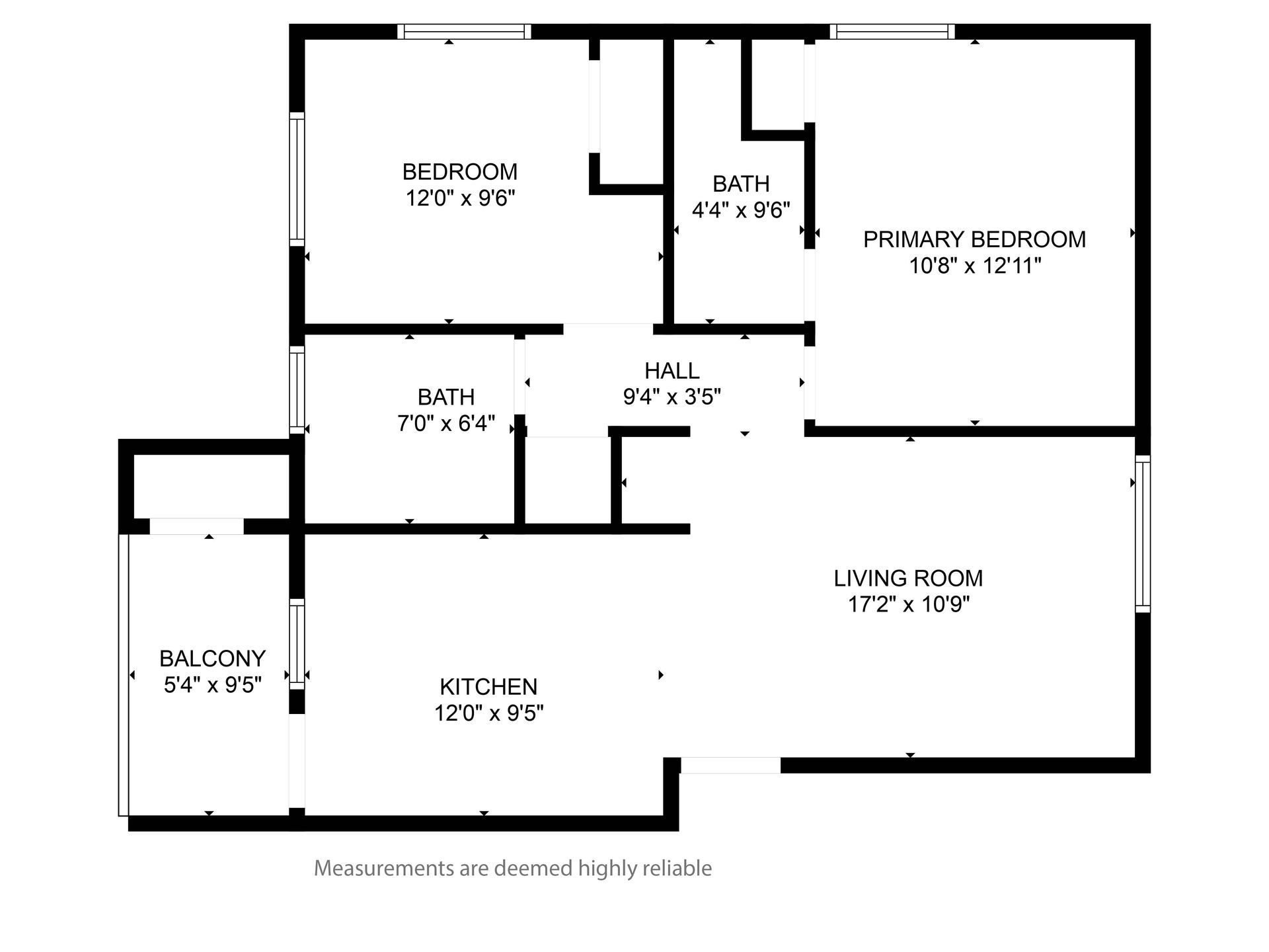 Black-and-white apartment floor plan with labeled rooms, balcony, kitchen, bath, hall, living room, and two bedrooms
