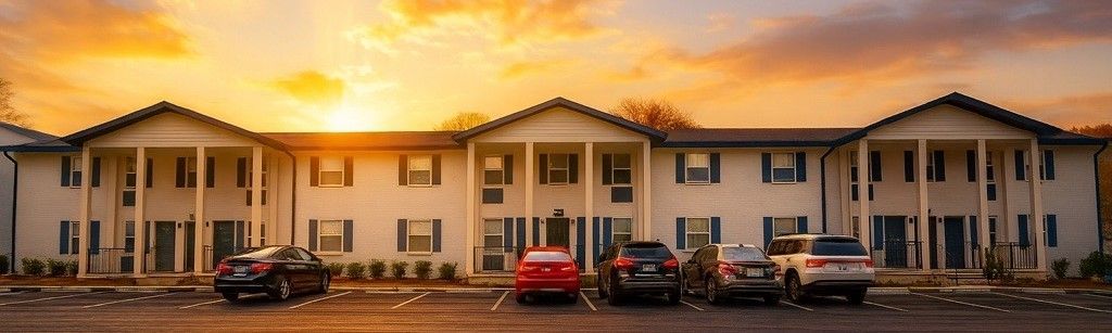 Sunset over a two-story apartment complex with parked cars in front