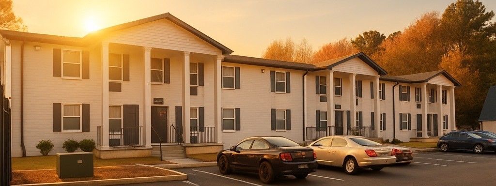 Apartment complex at sunset with parked cars in front and trees along the lot