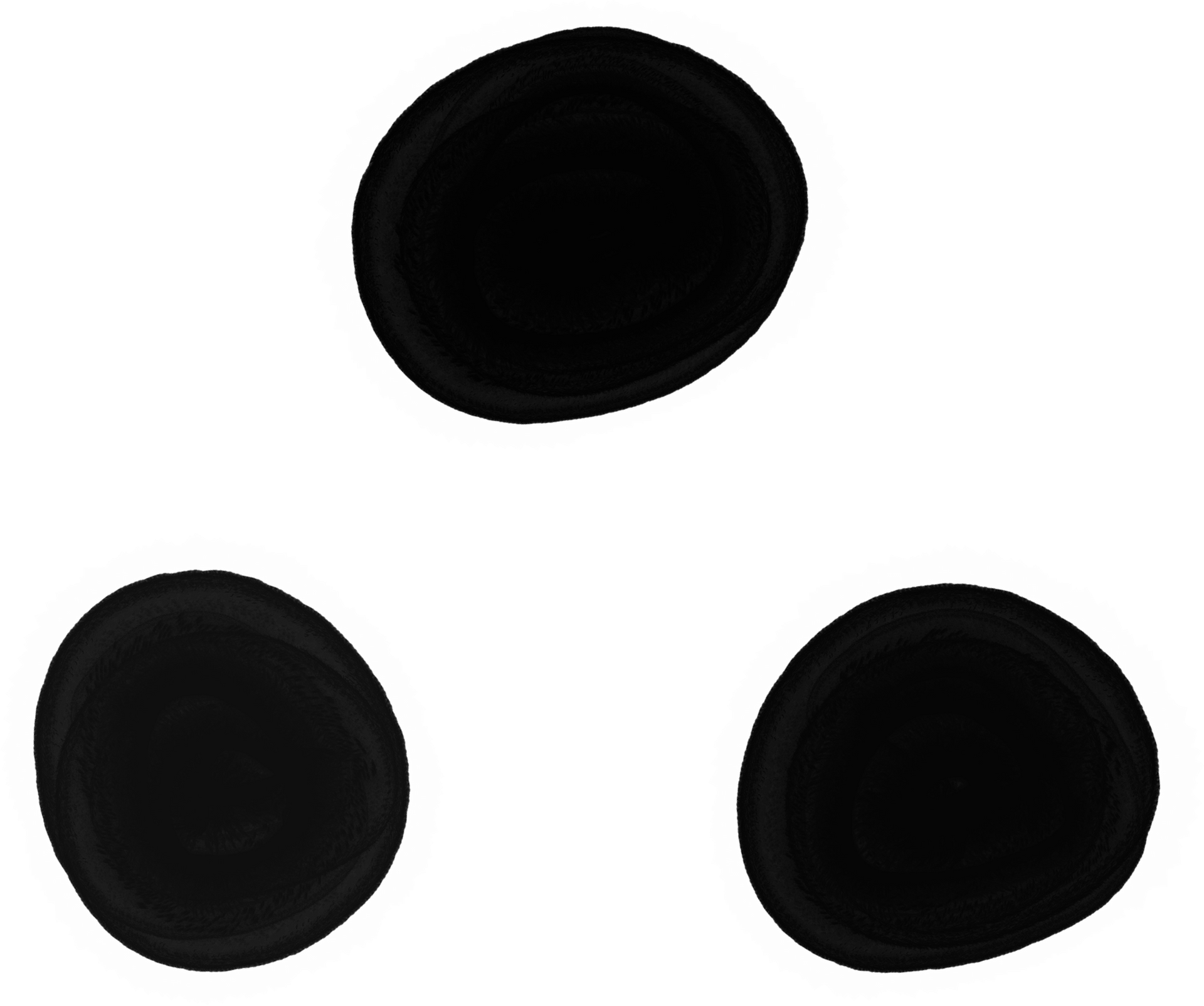 Three black oval shapes on a white background.