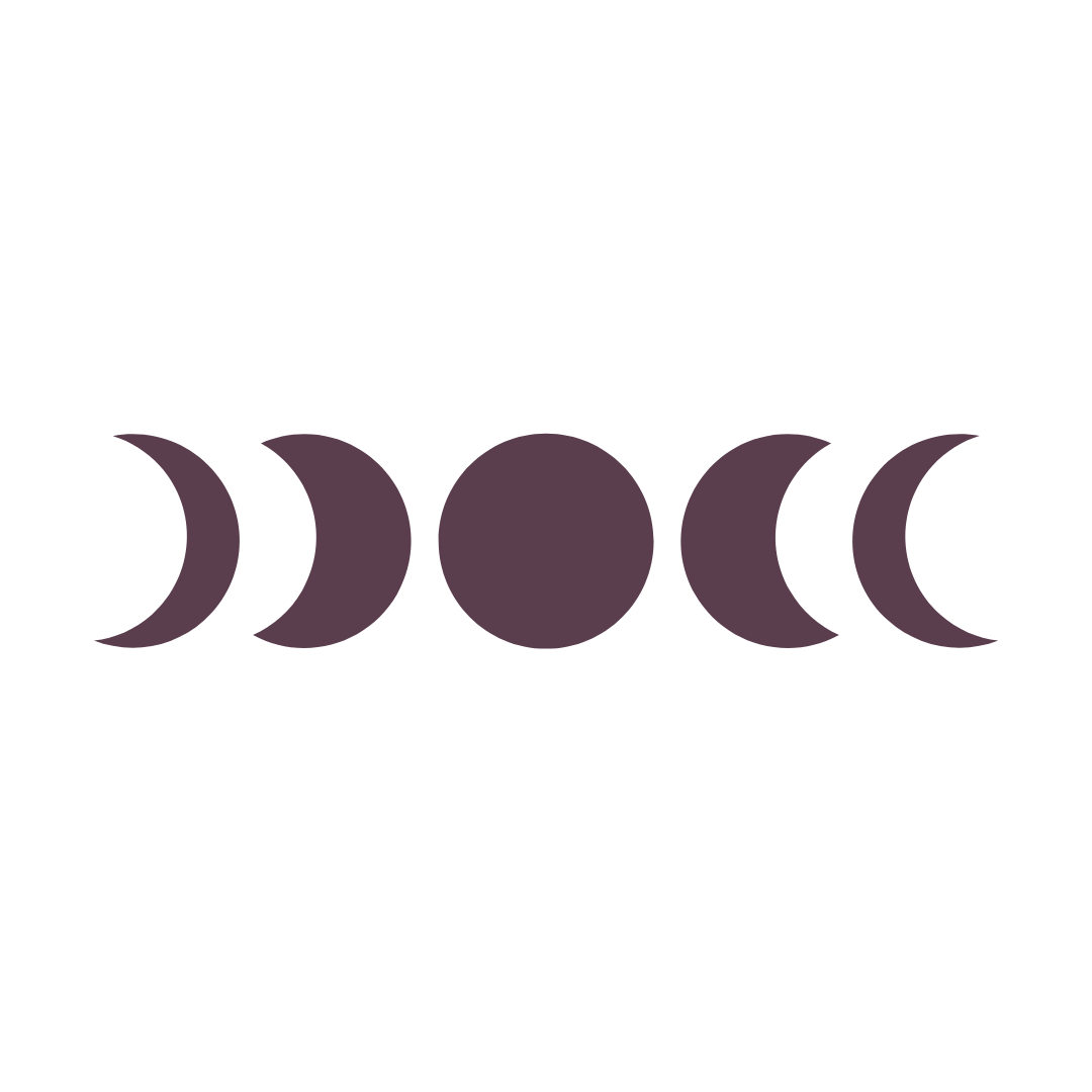 Purple moon-phase symbol with a full moon centered between four crescent moons