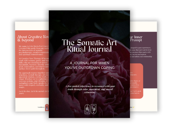 Three overlapping journal covers, center one titled &ldquo;The Somatic Art Ritual Journal&rdquo; in dark floral colors