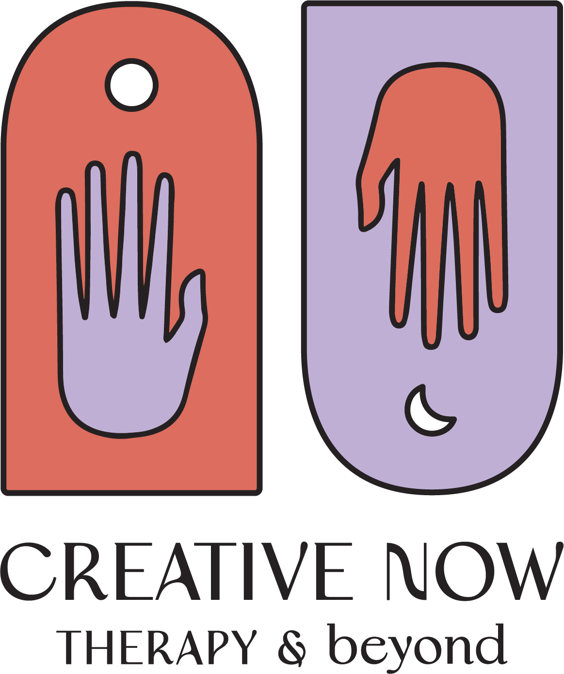 Creative Now Therapy & Beyond logo with two hand icons and a crescent moon