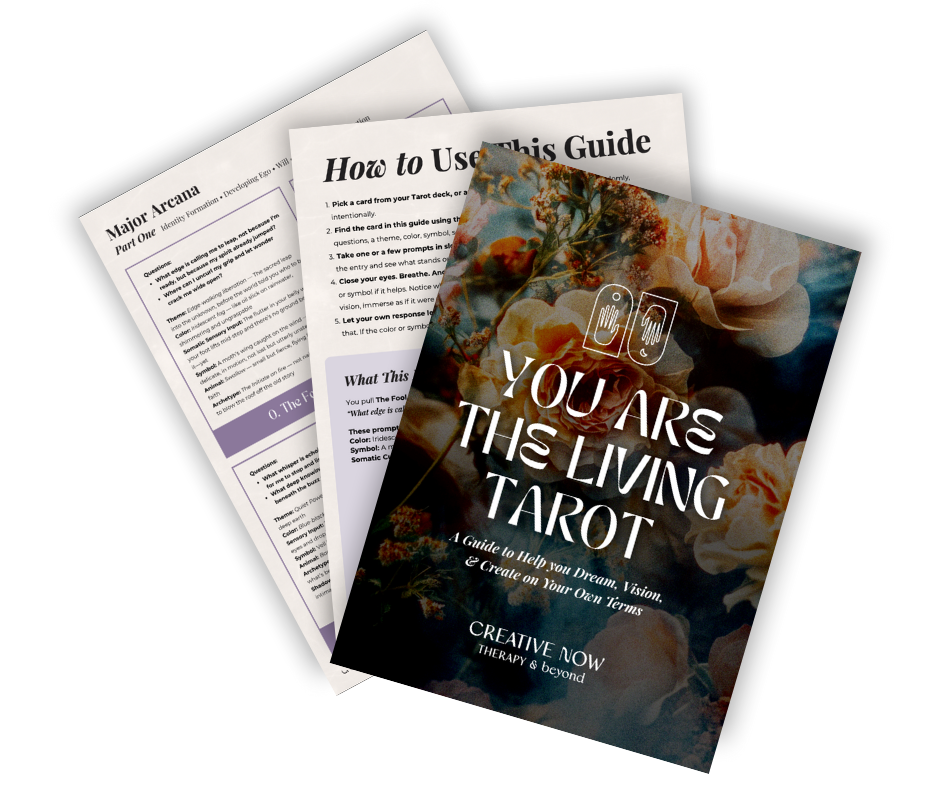 Stacked tarot guidebook pages with a colorful “You Are the Living Tarot” cover on top.