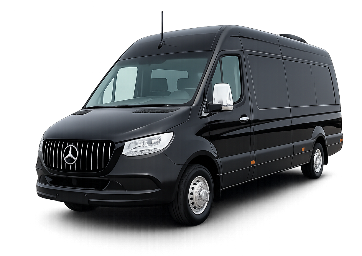 Furgoneta de carga Mercedes-Benz Sprinter negra sobre fondo blanco.