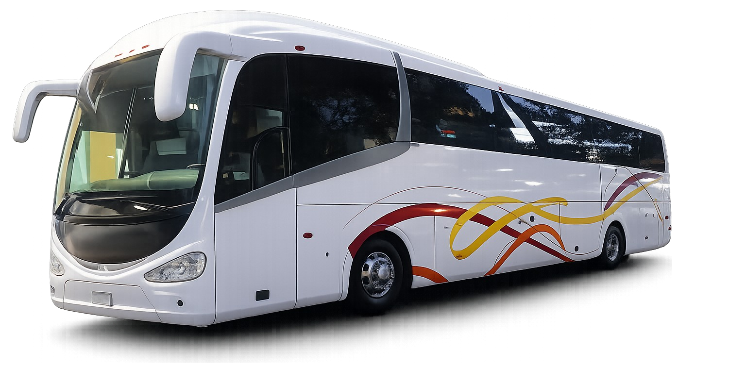 Autobús de lujo blanco con luces interiores azules y gráficos de líneas onduladas naranjas sobre un fondo blanco.