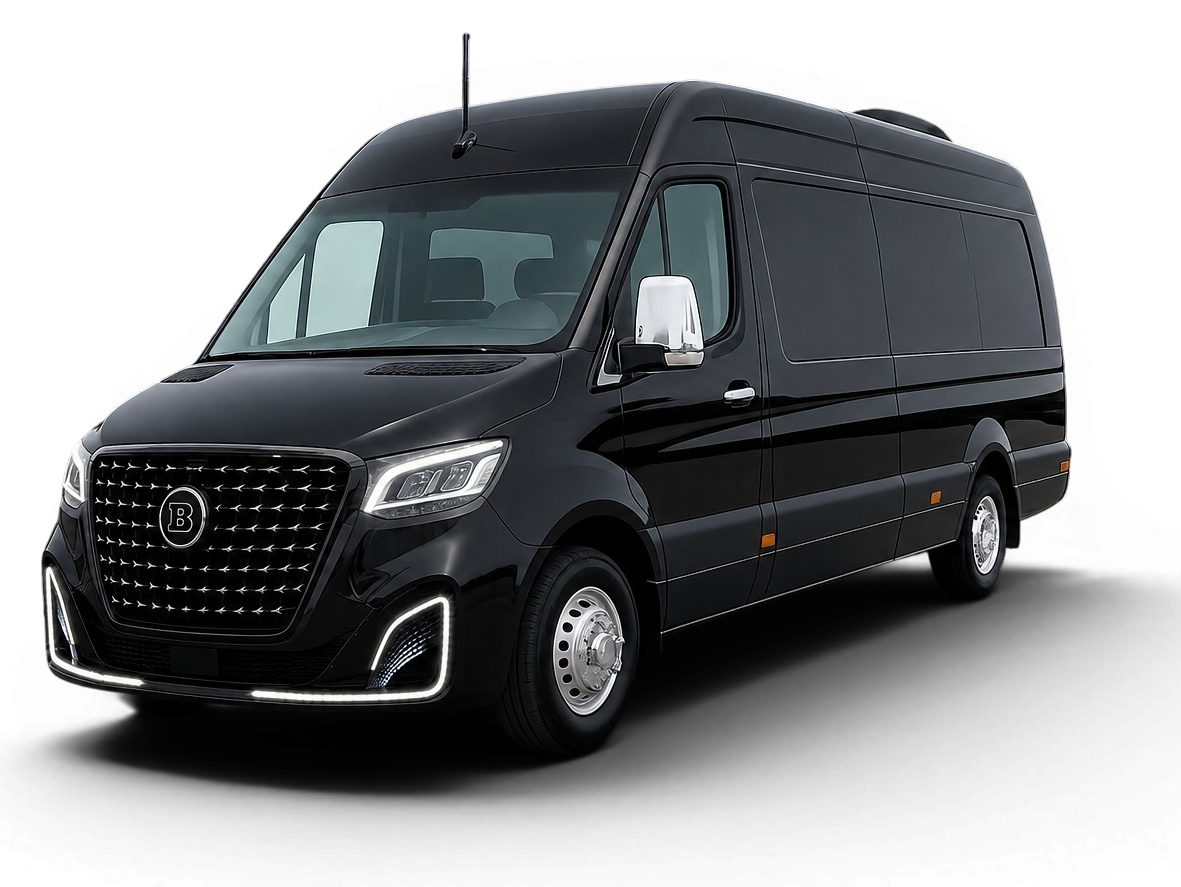 Sprinter Mercedes negra de carga vista de perfil sobre fondo blanco.