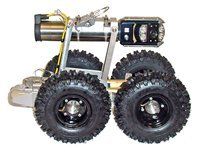 A rugged, wheeled robot with cameras and lights, designed for exploration or inspection.