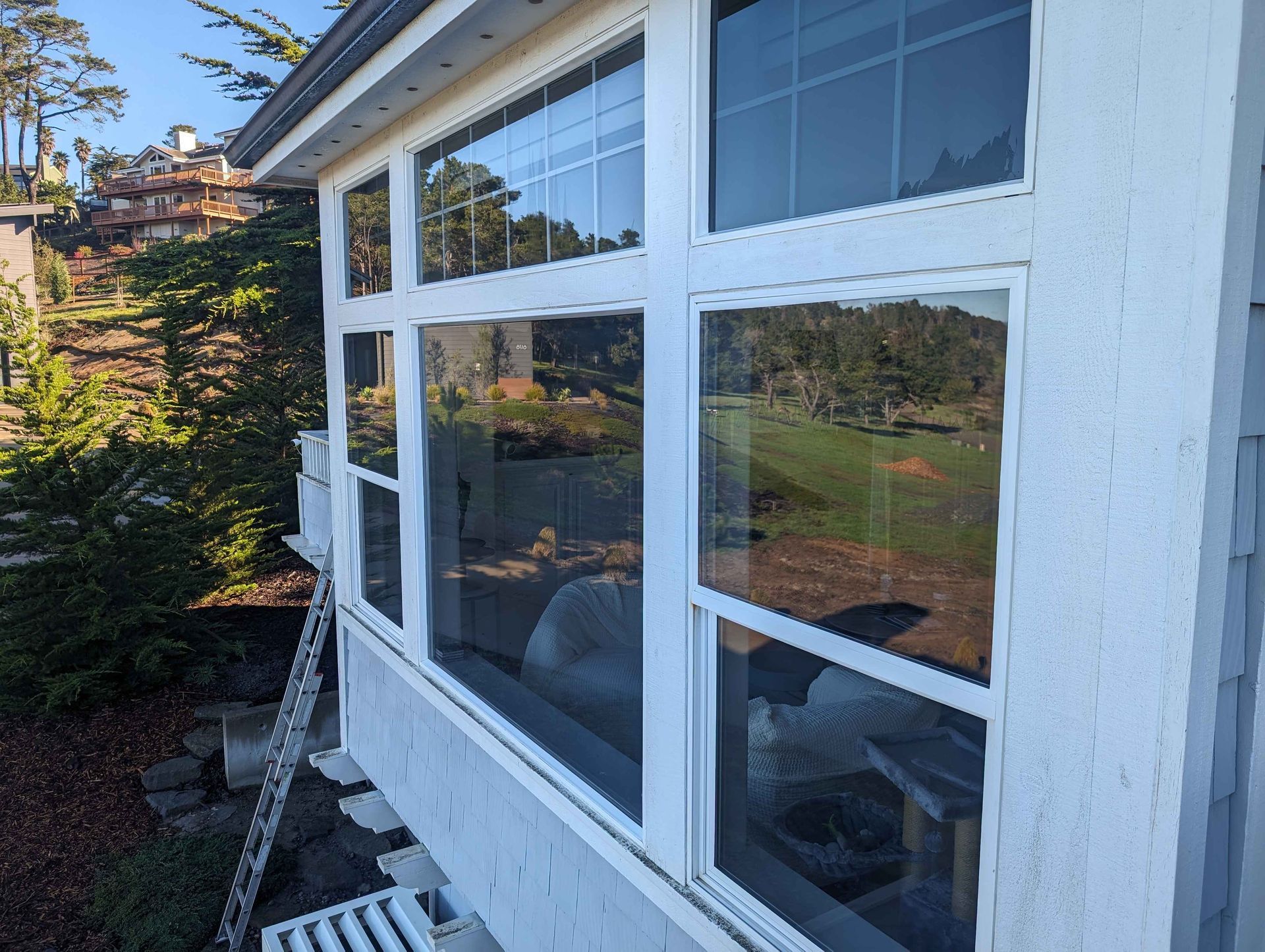 A white house with a lot of windows and a ladder on the side.