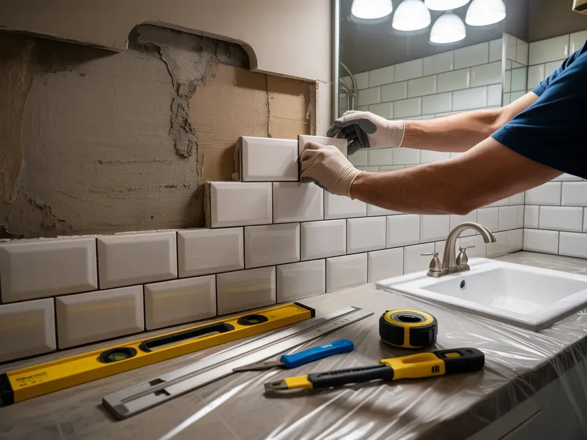 Person tiling a bathroom wall, using tools on a countertop covered in plastic.