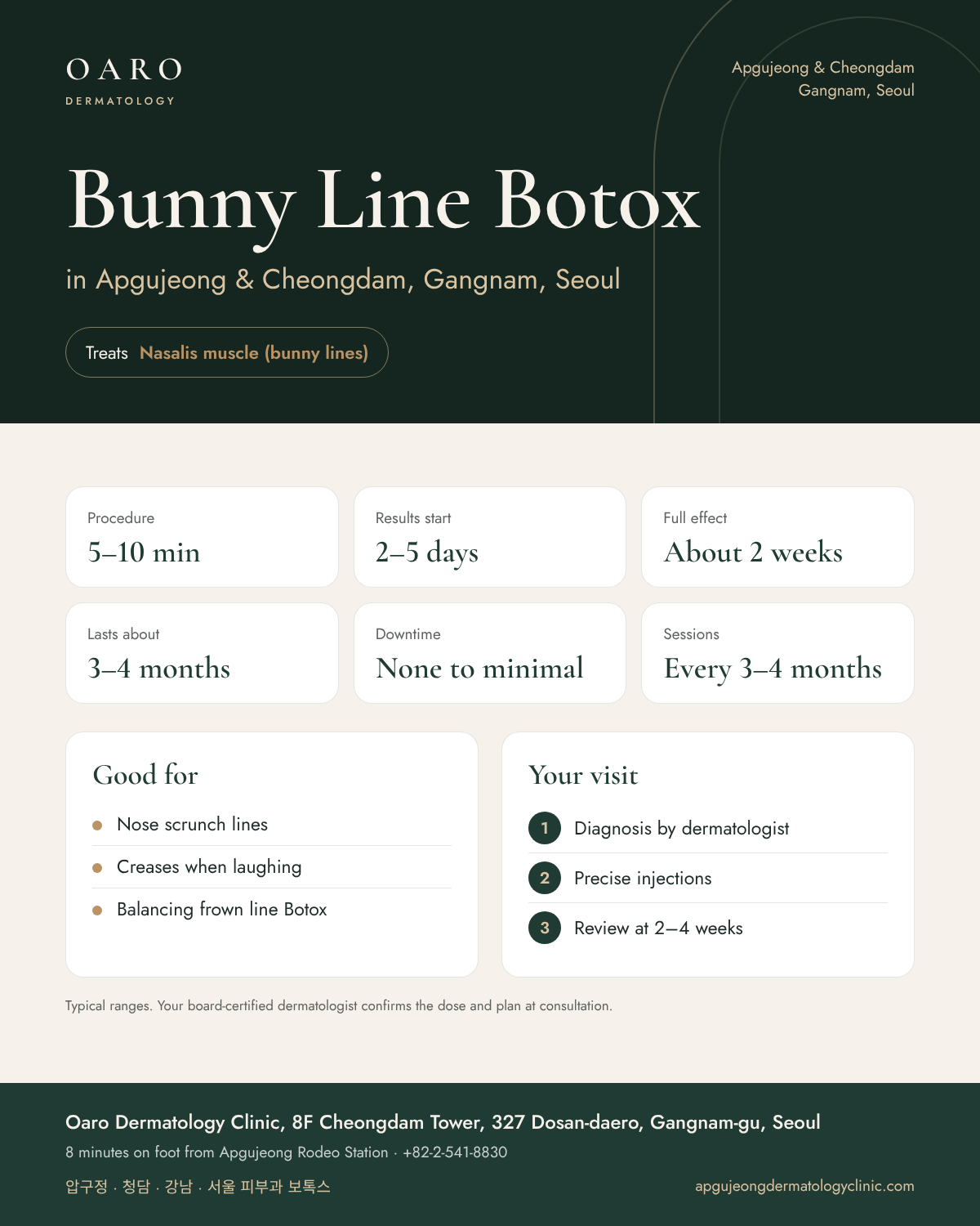 Bunny Line Botox infographic: treatment time, results and recovery at Oaro Dermatology Clinic in Apgujeong & Cheongdam, Gangnam, Seoul