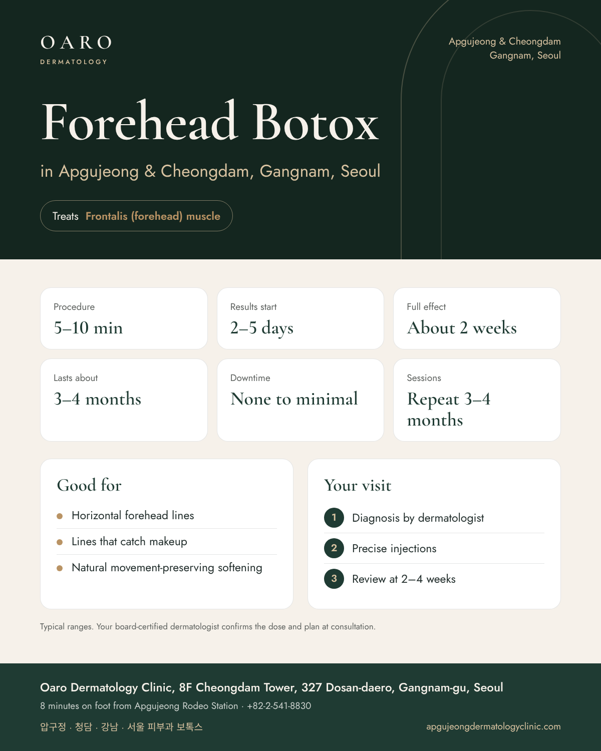 Forehead Botox infographic: treatment time, results and recovery at Oaro Dermatology Clinic in Apgujeong & Cheongdam, Gangnam, Seoul
