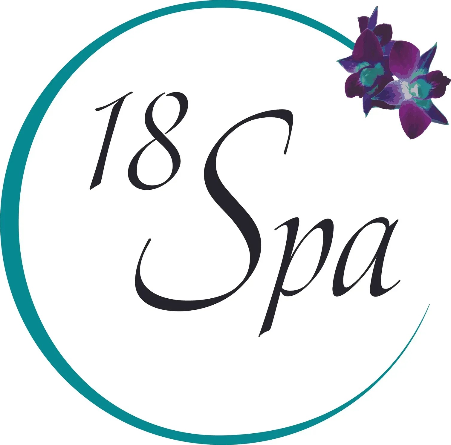 A logo for 18 spa with a purple flower in the middle