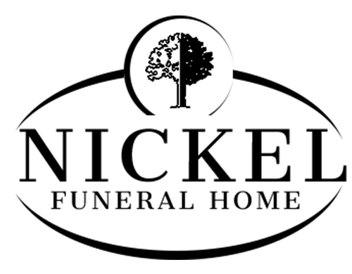 Logo for Nickel Funeral Home: text within an oval and a circle containing a tree split down the middle.