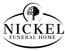 Logo for Nickel Funeral Home: text within an oval and a circle containing a tree split down the middle.
