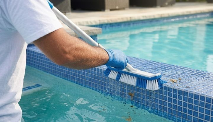 Hand brushing a blue-tiled pool edge with a scrub brush near clear water