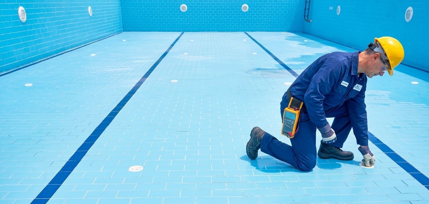 Worker kneeling in an empty blue indoor pool, inspecting the tiled floor.