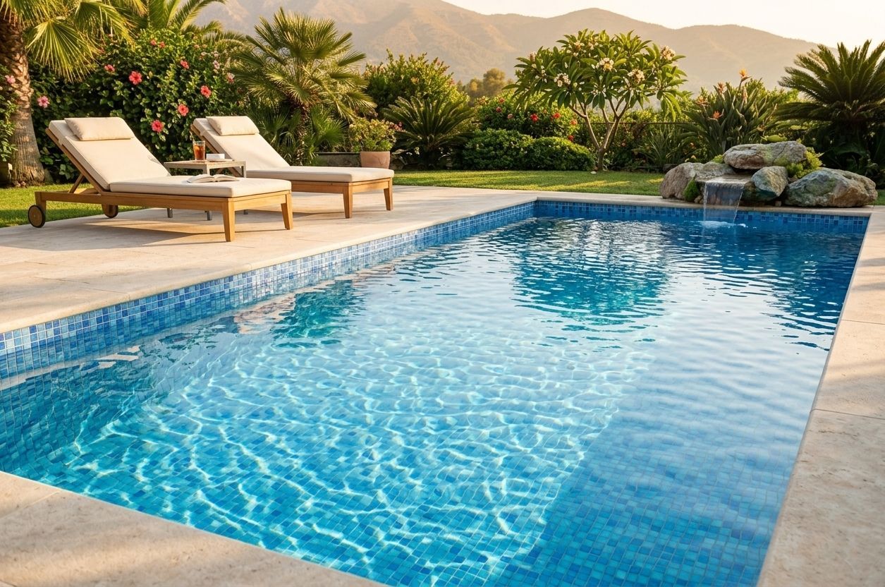 Luxury backyard pool with clear blue water, two lounge chairs, palm trees, and mountains in the background