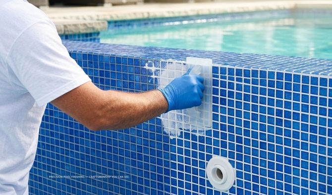 Person in blue gloves cleaning blue pool tiles beside a swimming pool