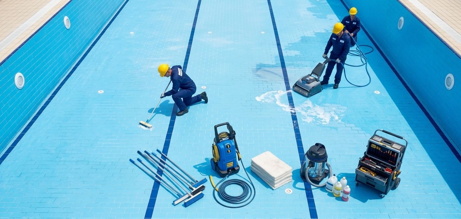 Two workers cleaning a blue pool with hoses, equipment, and debris spread across the floor