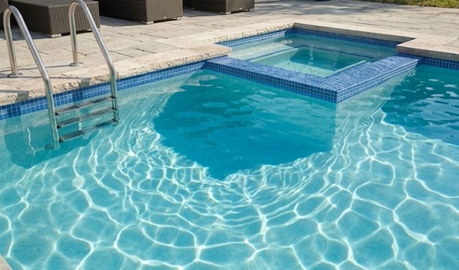 Blue swimming pool with a ladder and a raised square spa beside the deck