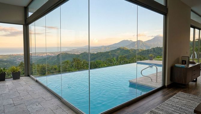 Infinity pool overlooking mountains at sunset, seen through glass doors from a modern patio.