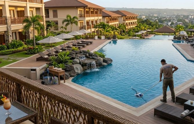 Resort pool with a man standing on the edge, lounge chairs, and villas in the background