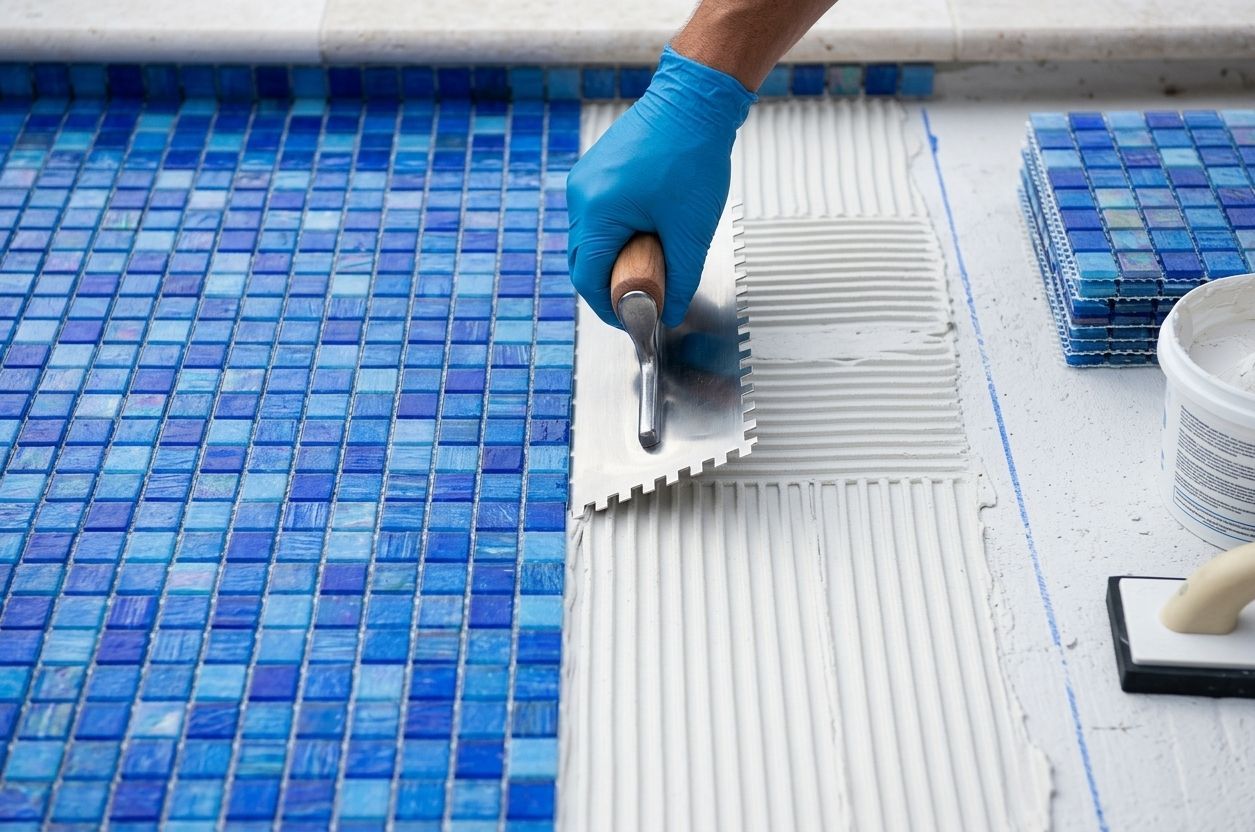 Gloved hand spreading white grout between blue mosaic tiles beside a pool edge
