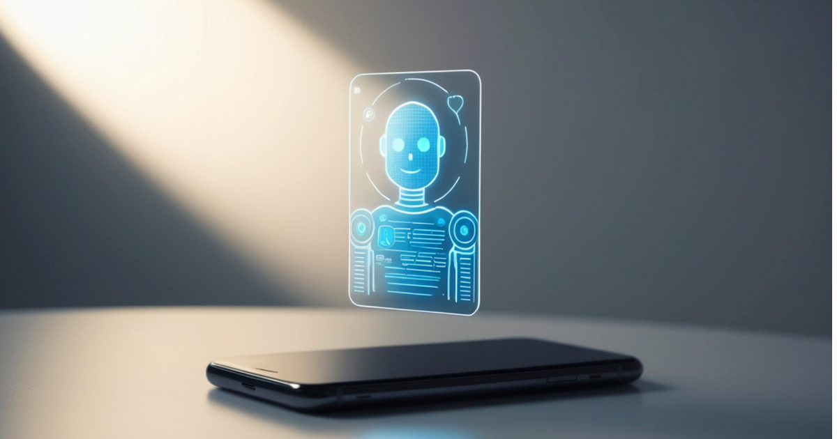 A futuristic phone with a glowing blue robot hologram above it, illuminated by a beam of light.