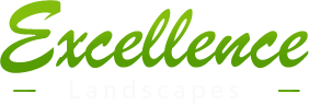 "Excellence Landscapes" logo with green cursive text and a white subline separated by two horizontal green dashes.