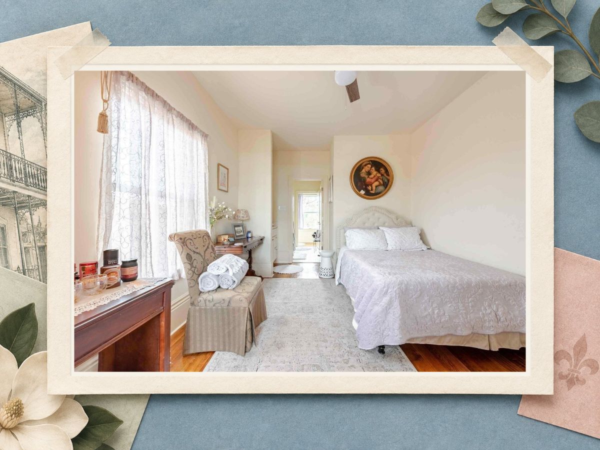Bright guest bedroom at The New Marigny House vacation rental in St. Roch, New Orleans, in a scrapbook frame