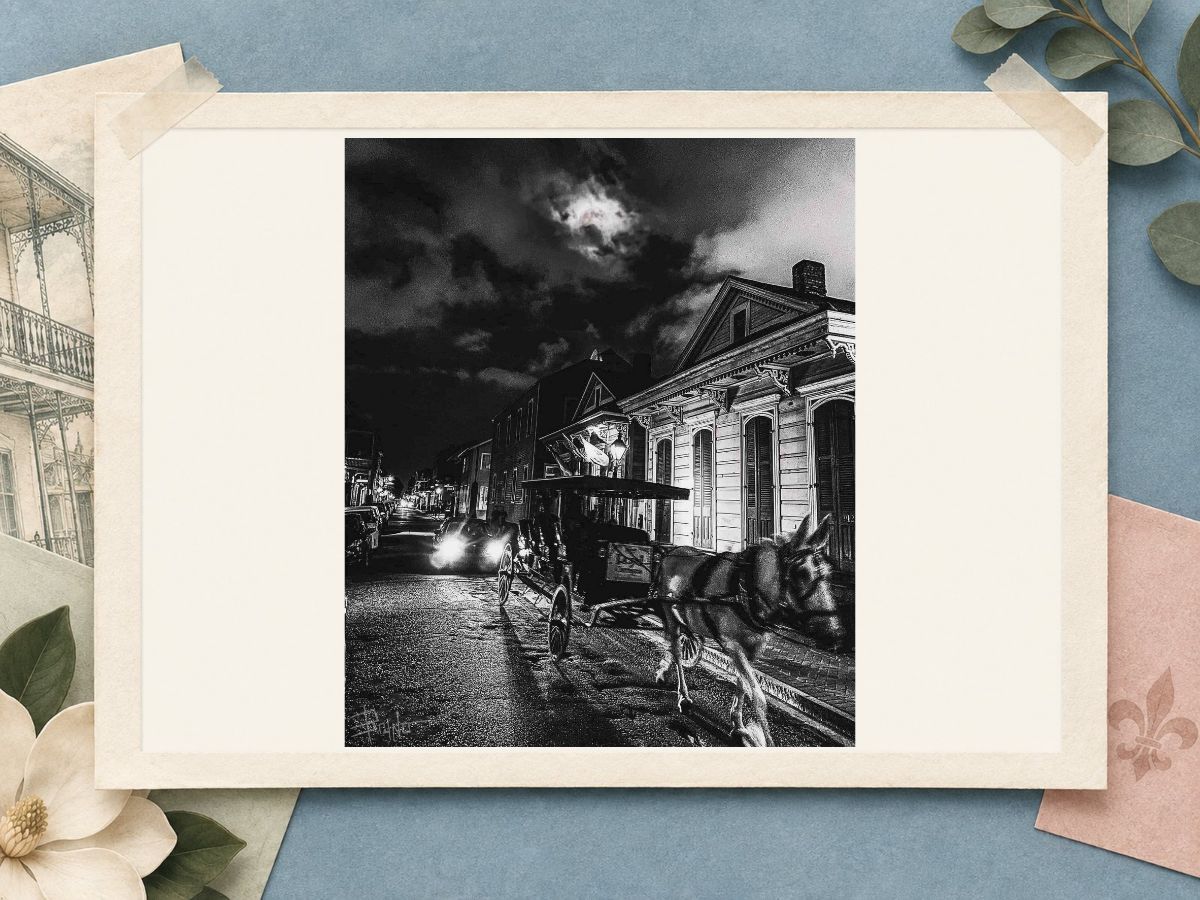 Exterior of The New Marigny House vacation rental in St. Roch, New Orleans, presented in a scrapbook frame