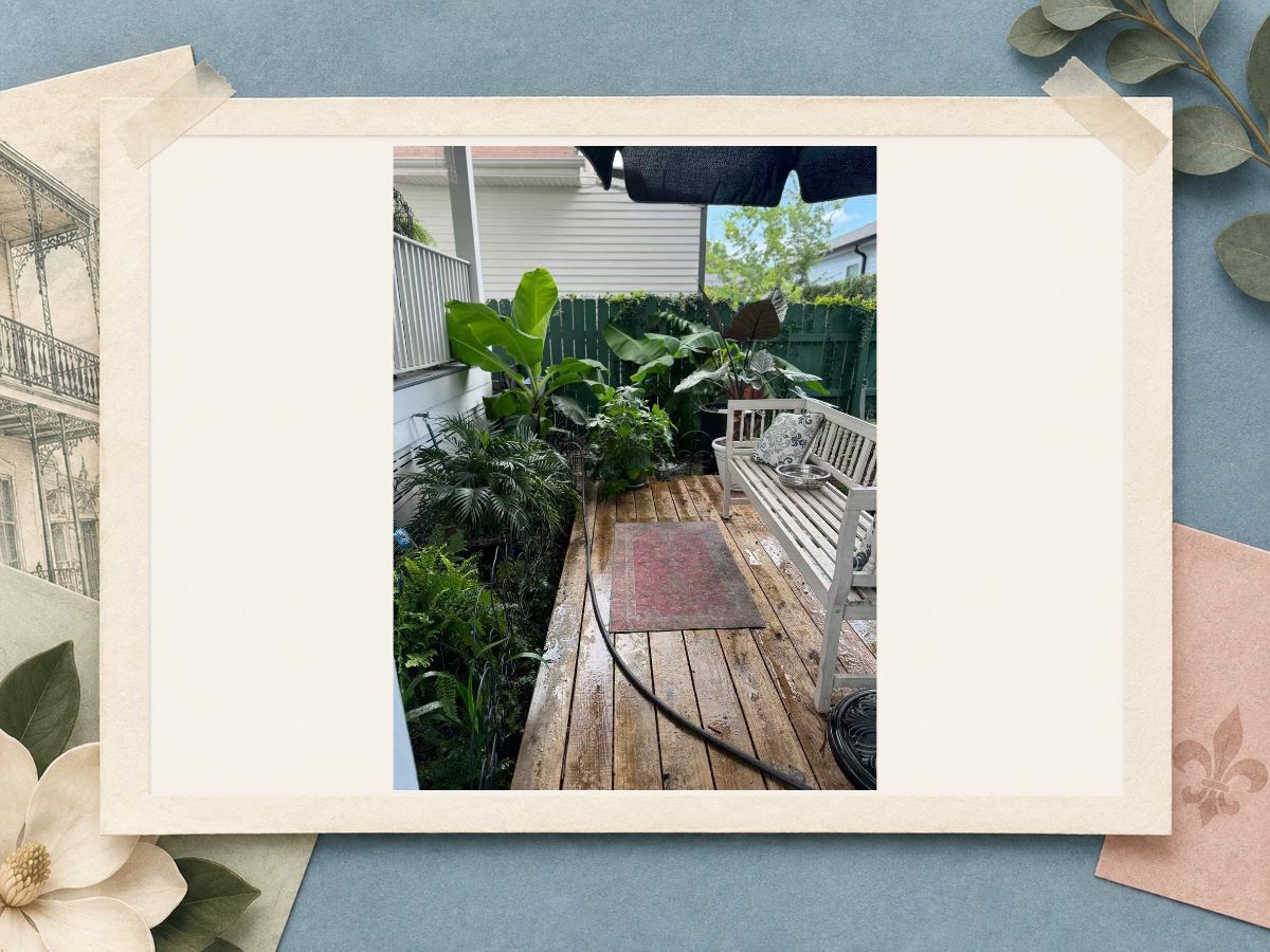 Private patio at The New Marigny House vacation rental in St. Roch, New Orleans, in a scrapbook frame